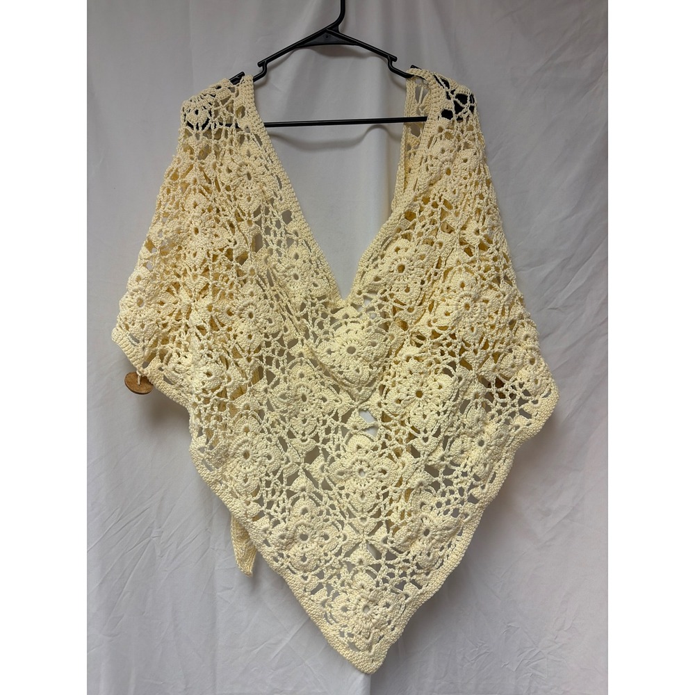 Handmade Crochet Floral Lace Poncho Wrap Cream Yellow Boho Wooden Button